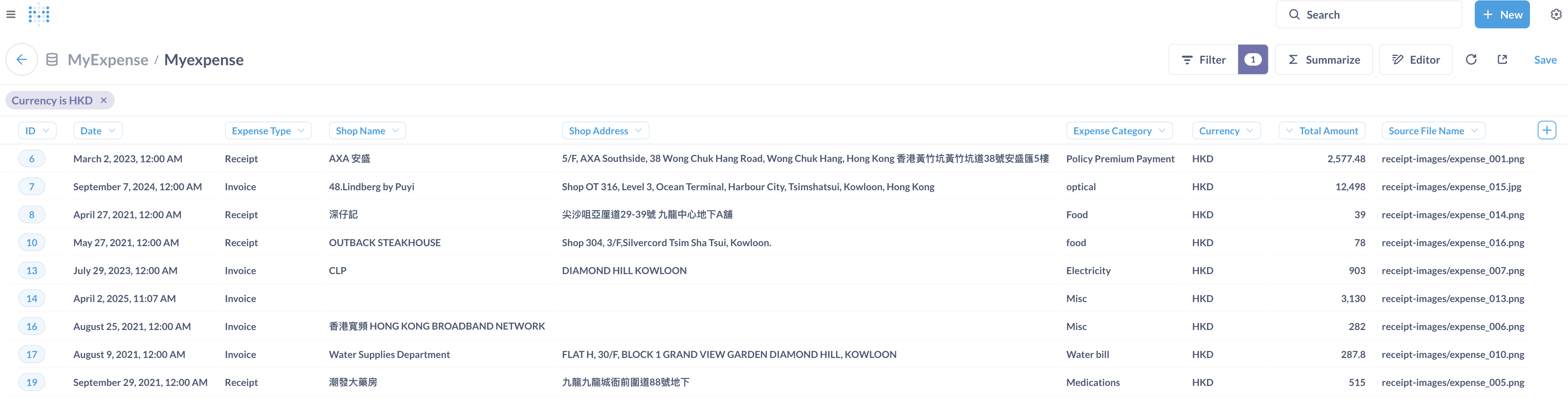 hkd expense list