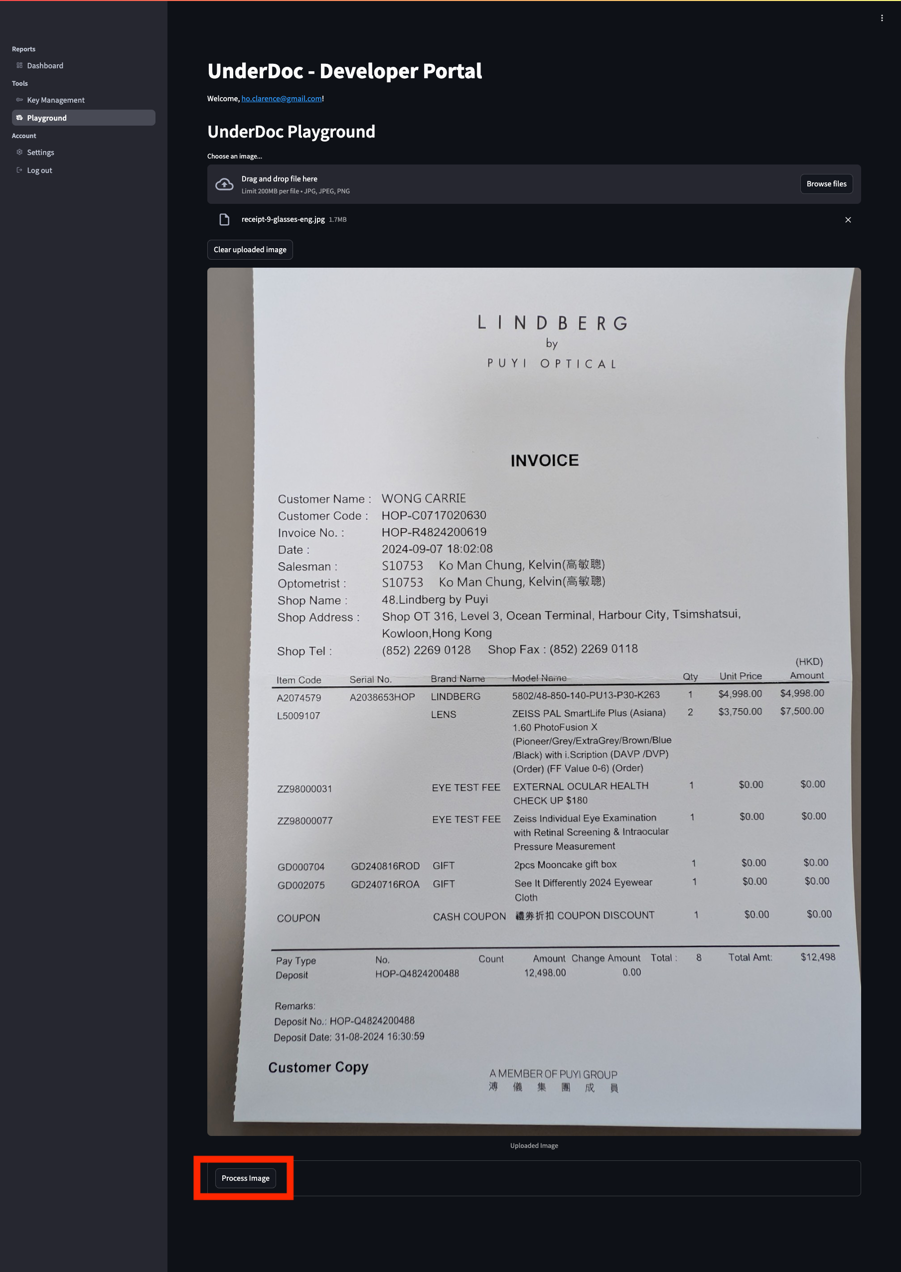 UnderDoc Playground Receipt Uploaded